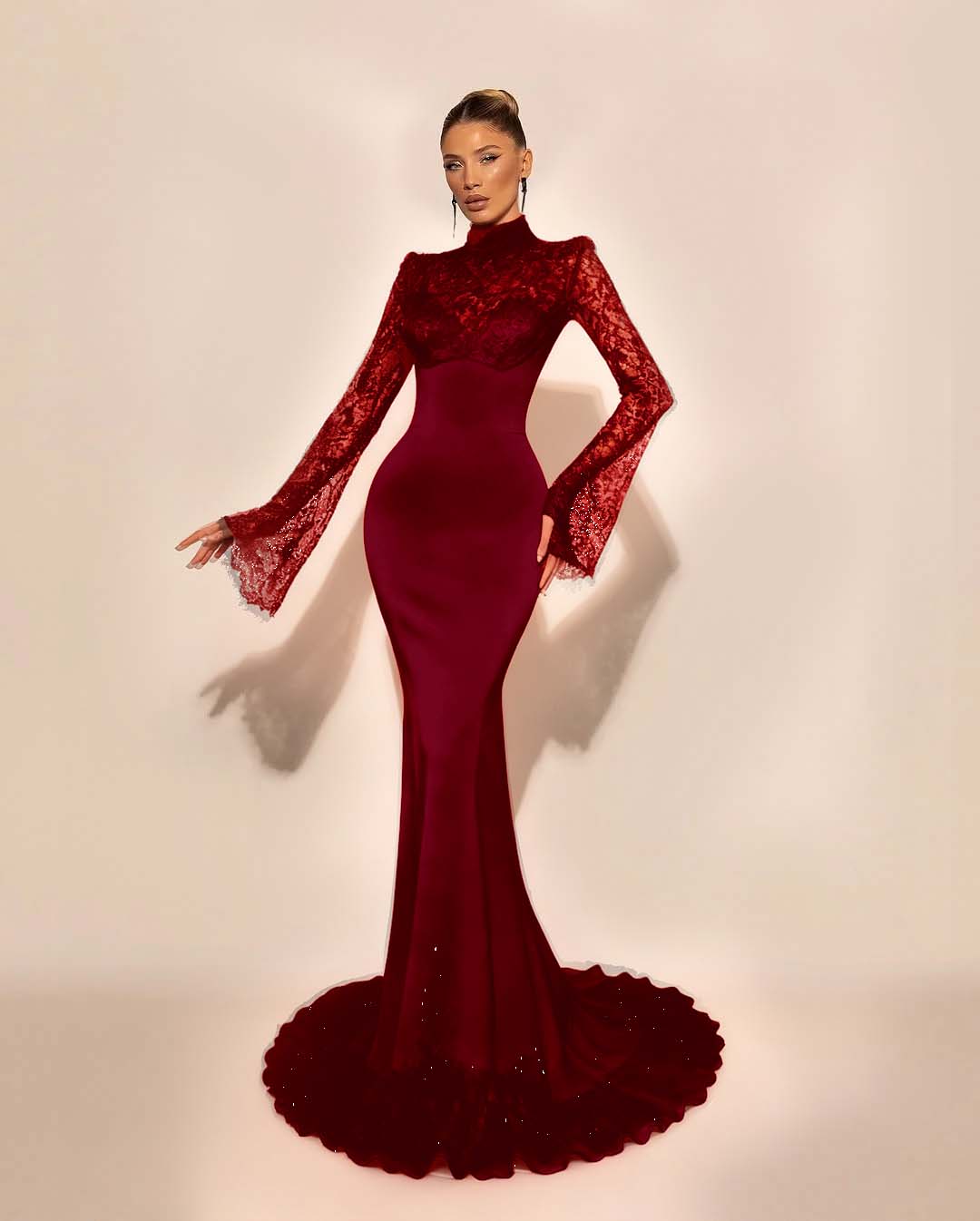 High Neck Lace Long Sleeves Long Mermaid Formal Dress With Pleated
