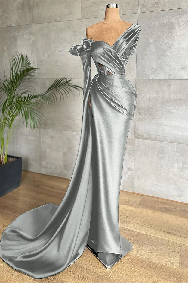 Black One Shoulder Long Sleeve Lace Pleated Long Formal Dress With Side Split