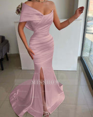 One Shoulder Sleeveless Split Mermaid Long Formal Dress With Pleated
