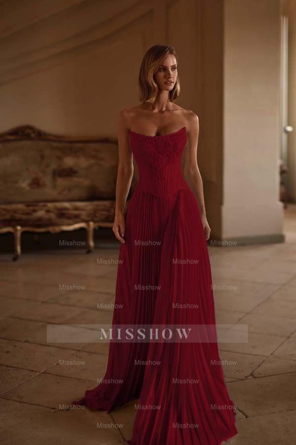 Strapless Sleeveless Long Formal Dress With Appliques Pleated