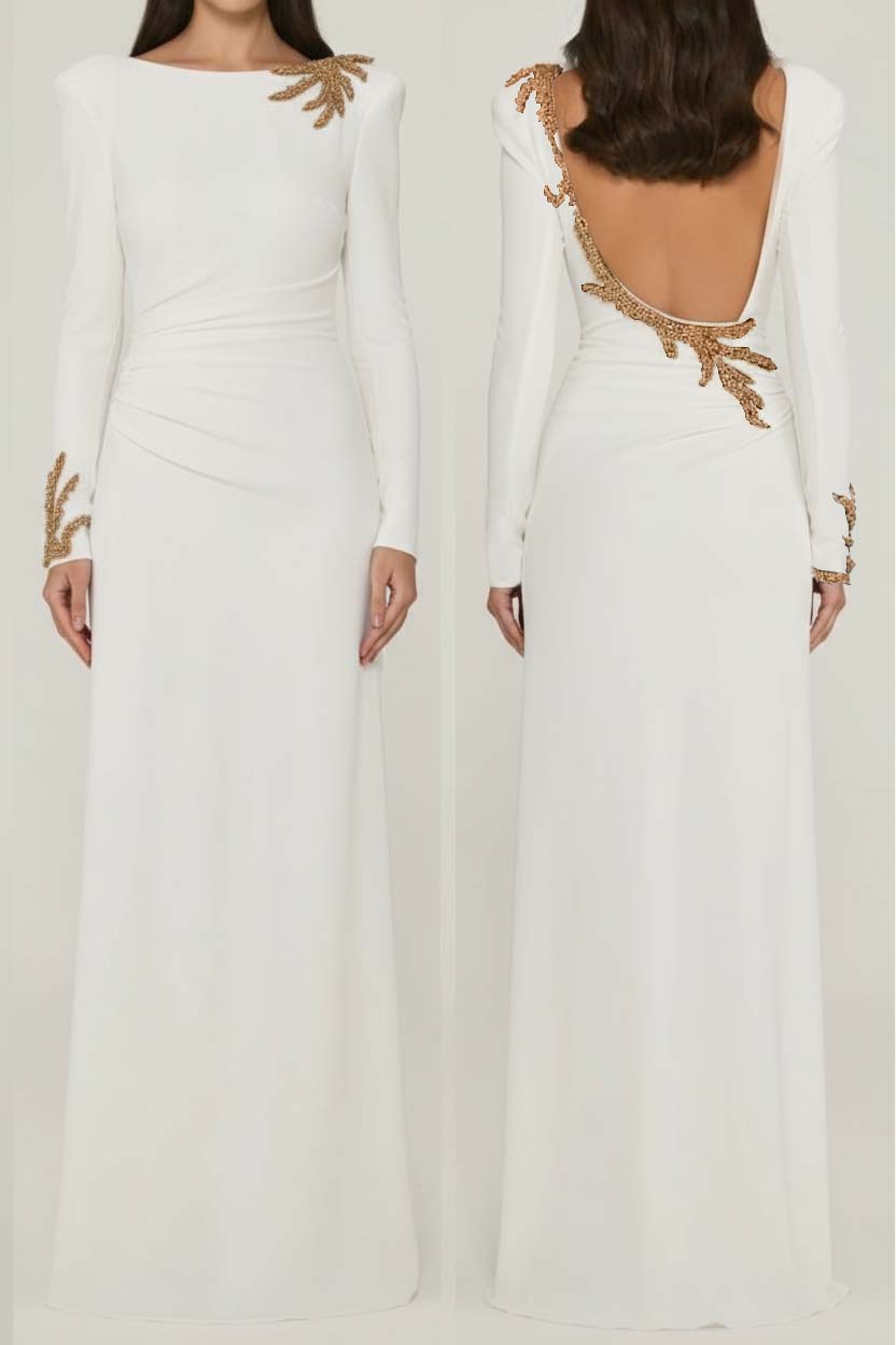 Long Sleeves Long Backless Formal Dress With Appliques Pleated