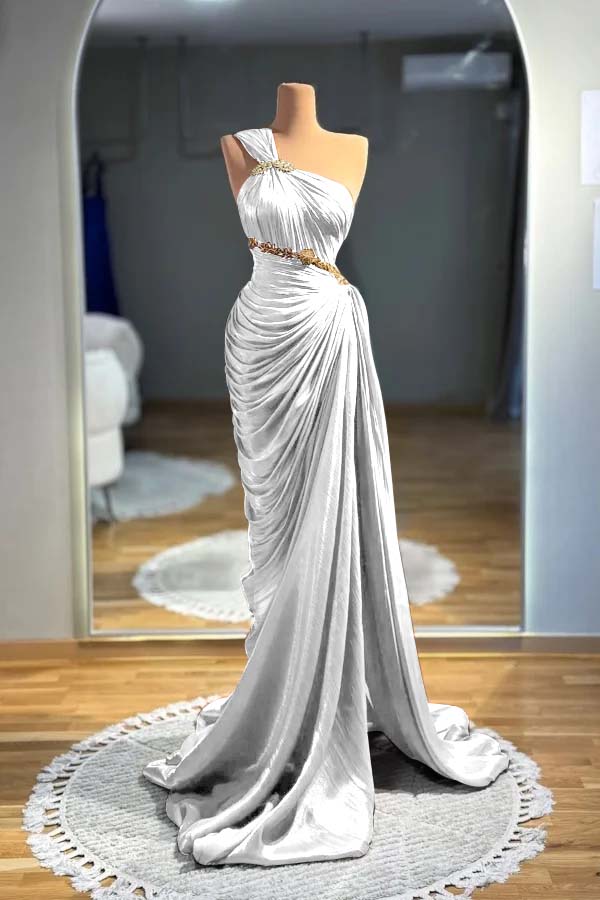 One Shoulder Sleeveless Long Mermaid Formal Dress With Pleated