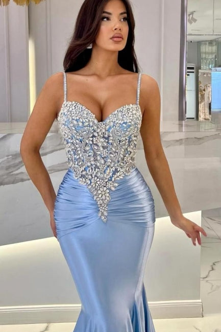 Attractive Long Mermaid Spaghetti Straps Lace Prom Evening Dresses with Train