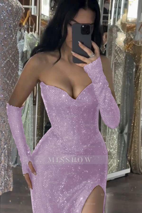Sequin Strapless Long Mermaid Formal Dress With Split Detachable sleeves