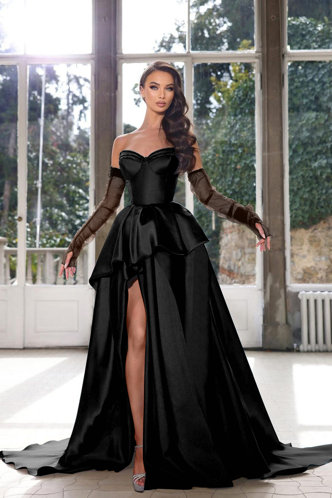 Glamorous Half Sleeves Ink Blue Formal Dress Strapless With High Split Gown