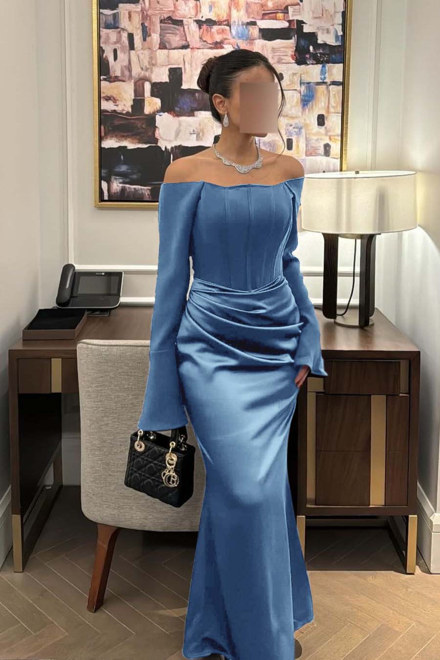 Strapless Long Sleeves Mermaid Long Formal Dress With Pleated