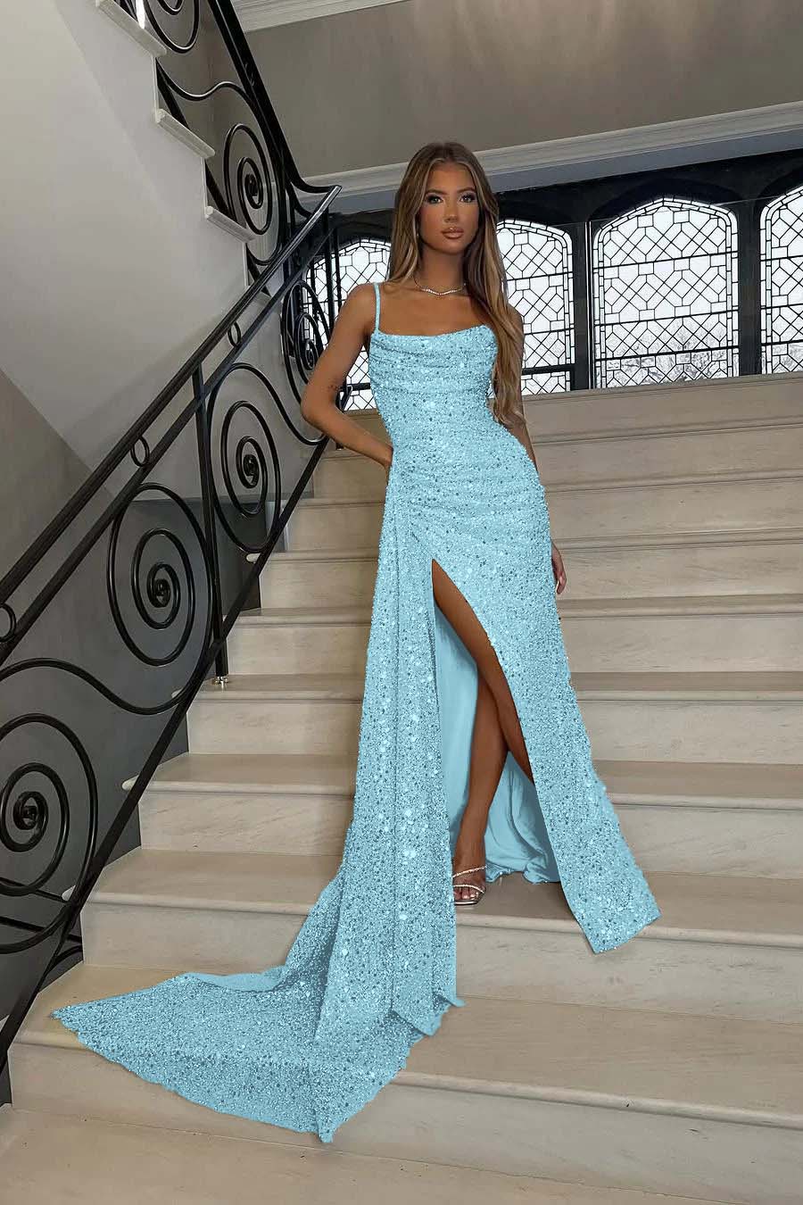 Sequins Spaghetti Strap Sleeveless Long Mermaid Formal Dress With Split