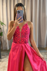 Pink Deep V Neck Appliques A Line Long Formal Dress With Slit