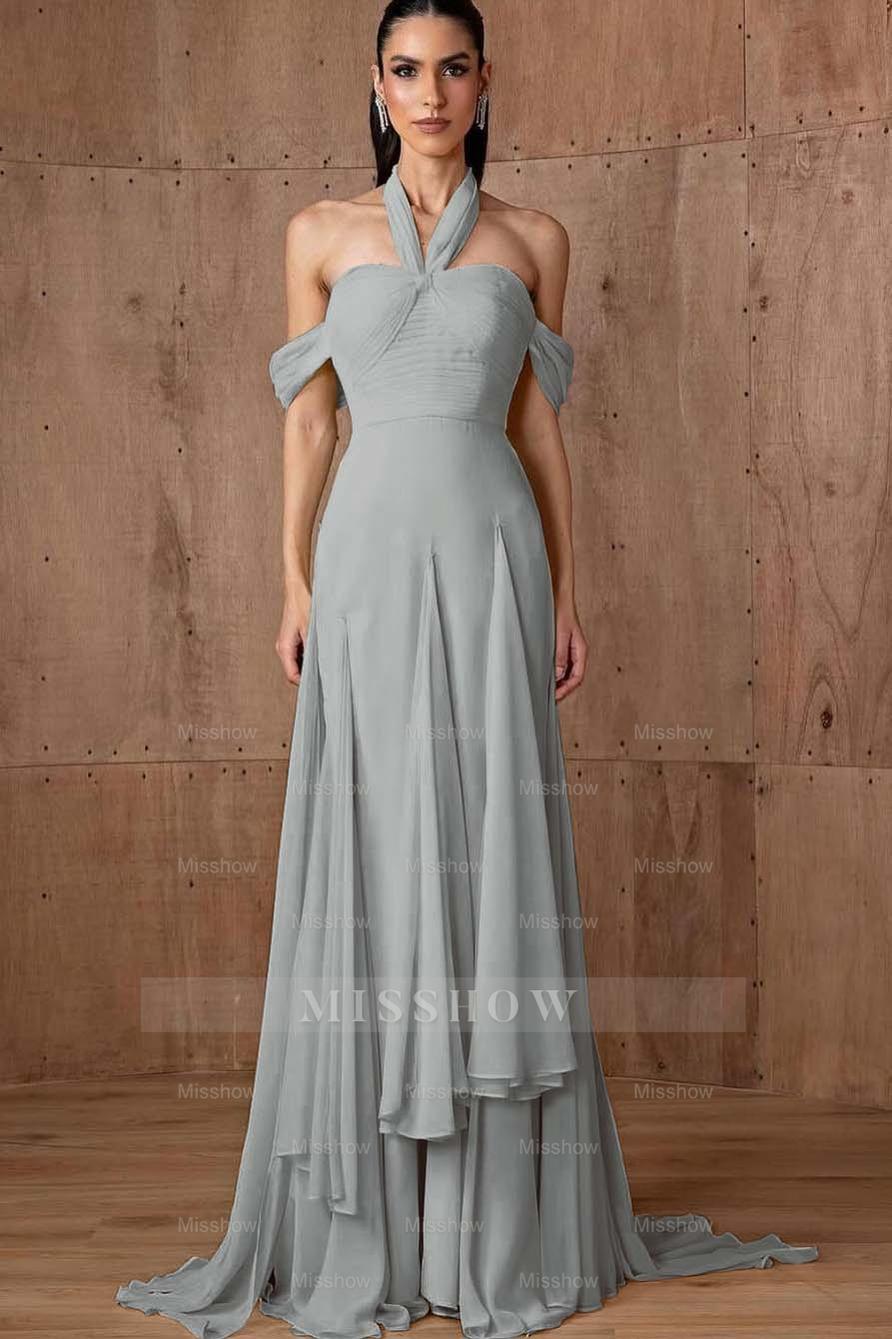 Halter Off the Shoulder Sleeveless Long Formal Dress With Ruffles