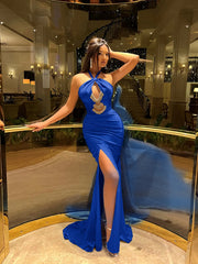 Halter Sleeveless High Split Long Formal Dress With Pleated Beading