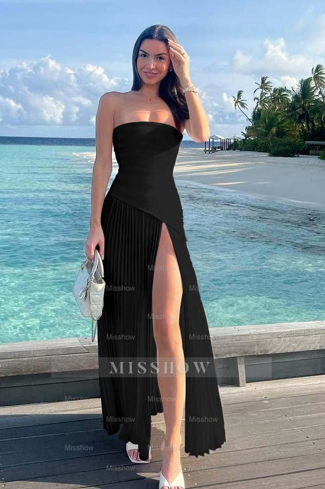 Strapless Sleeveless Long High Split Formal Dress With Ruffles