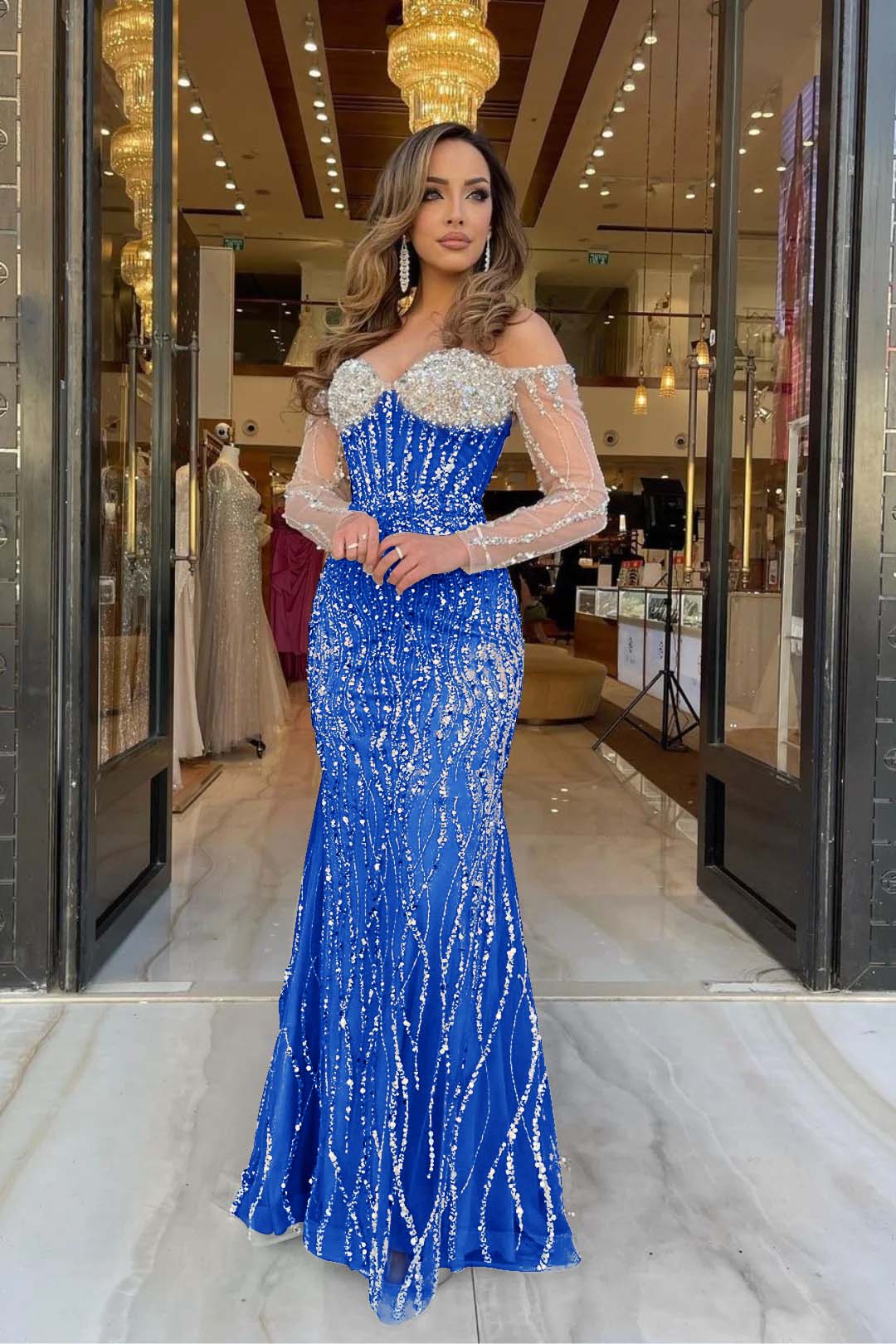 Heavy Formal Dress Sweetheart Long Sleeves Strapless Beading Long Tulle