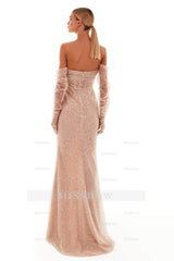 Sequins Strapless Long Split Formal Dress With Pleated Long Gloves