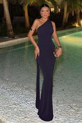 One Shoulder Sleeveless Mermaid Long Formal Dress With Ruffles
