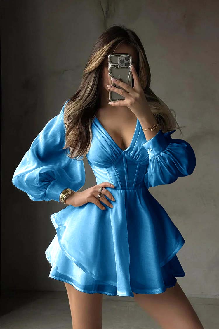 White Long Sleeves V Neck Short Formal Dress With Ruffles Pleated