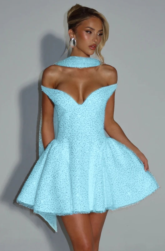 Off the Shoulder Sleeveless Short A Line Formal Dress With Sequin