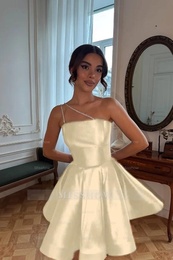 One Shoulder Sleeveless Short A Line Formal Dress With Pleated