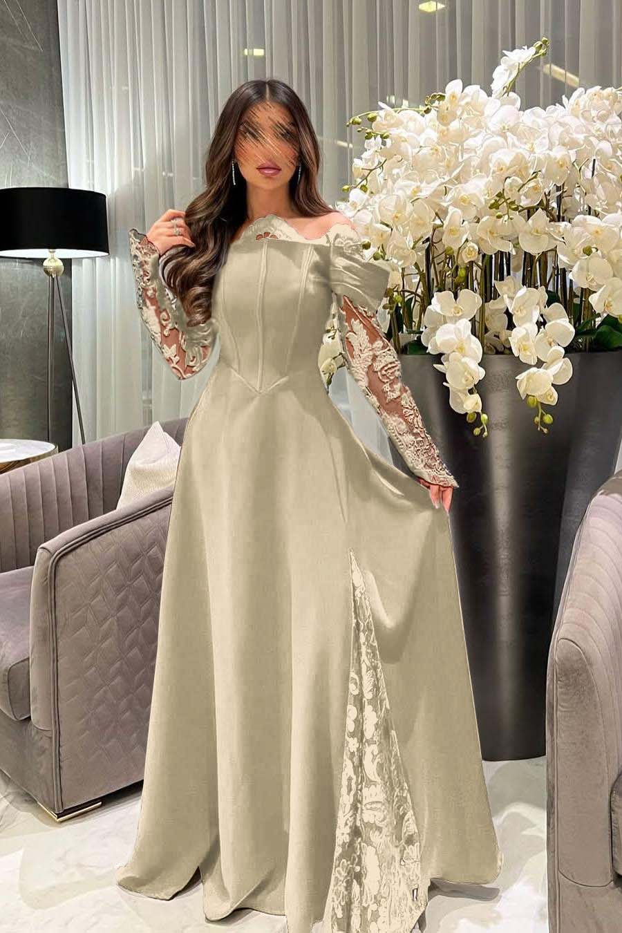 White Off the Shoulder Long Sleeves Long Formal Dress With Appliques