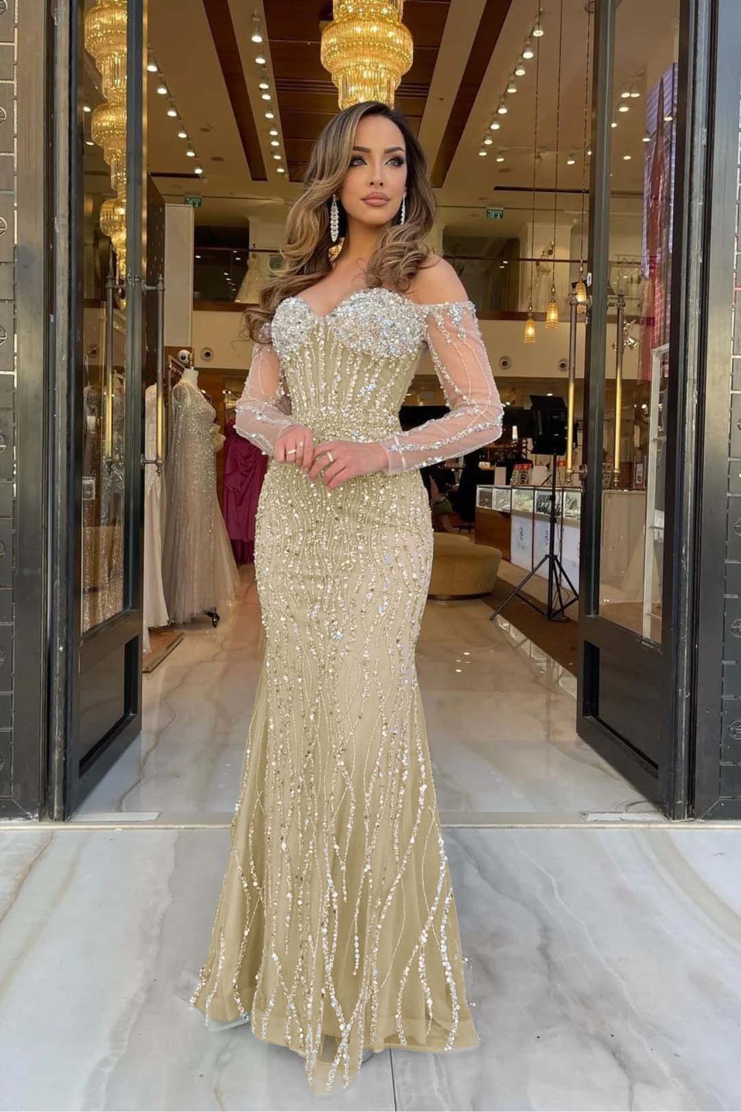 Heavy Formal Dress Sweetheart Long Sleeves Strapless Beading Long Tulle