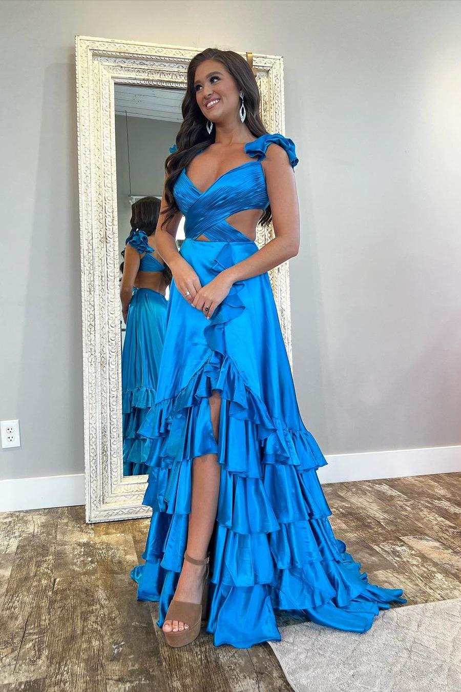 Straps Sleeveless Open Back Long Ruffles Formal Dress With Split