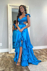 Straps Sleeveless Open Back Long Ruffles Formal Dress With Split