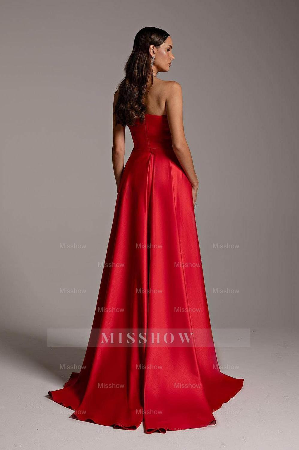Red Strapless Sleeveless Long Mermaid Formal Dress With Pleated