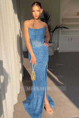Strapless Sleeveless Mermaid Long Split Formal Dress With Sequins