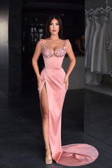 Beautiful Pink Formal Dress Sequins Spaghetti Strap With Slit Satin