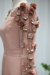 A Line Bateau Formal Dress Long Sleeves Sweep With Flower Appliques