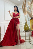 A-Line Burgundy Sweetheart Floor-Length Tulle Split Front Sleeveless Prom Dresses with Beadings