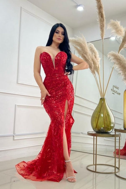 A-Line Burgundy Sweetheart Floor-Length Tulle Split Front Sleeveless Prom Evening Dresses with Beadings