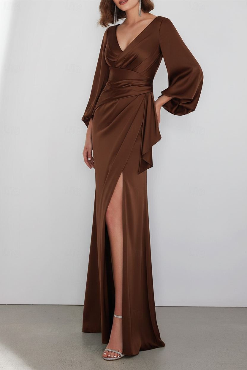 A-Line Floor Length Long Sleeve V Neck Wedding Guest Dresses Tie Charmeuse with Ruched