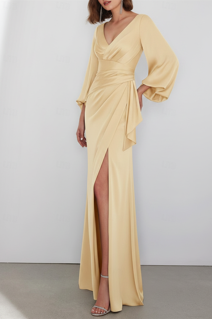 A-Line Floor Length Long Sleeve V Neck Wedding Guest Dresses Tie Charmeuse with Ruched