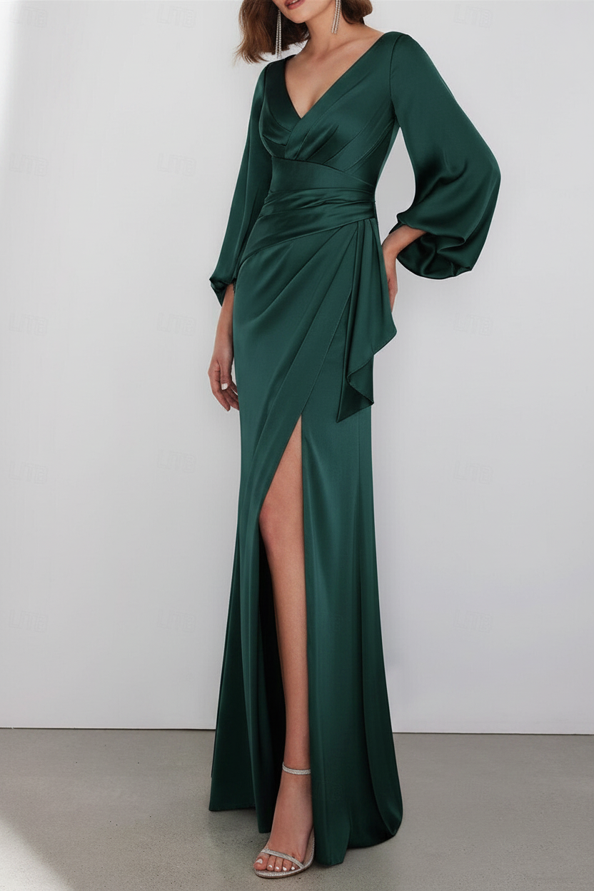 A-Line Floor Length Long Sleeve V Neck Wedding Guest Dresses Tie Charmeuse with Ruched