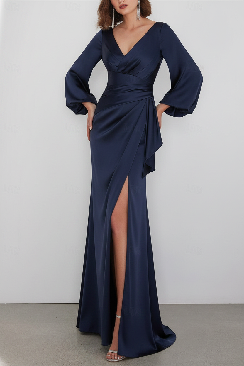 A-Line Floor Length Long Sleeve V Neck Wedding Guest Dresses Tie Charmeuse with Ruched