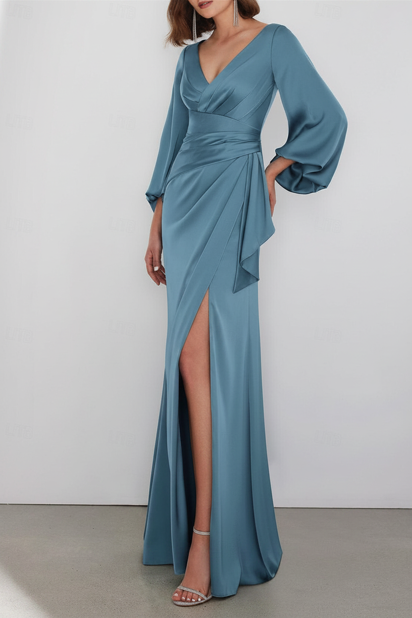 A-Line Floor Length Long Sleeve V Neck Wedding Guest Dresses Tie Charmeuse with Ruched