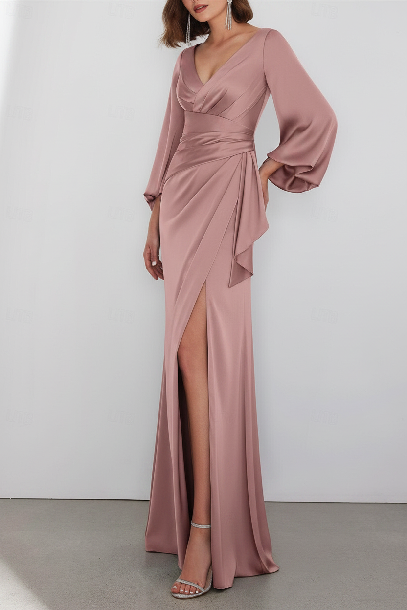 A-Line Floor Length Long Sleeve V Neck Wedding Guest Dresses Tie Charmeuse with Ruched