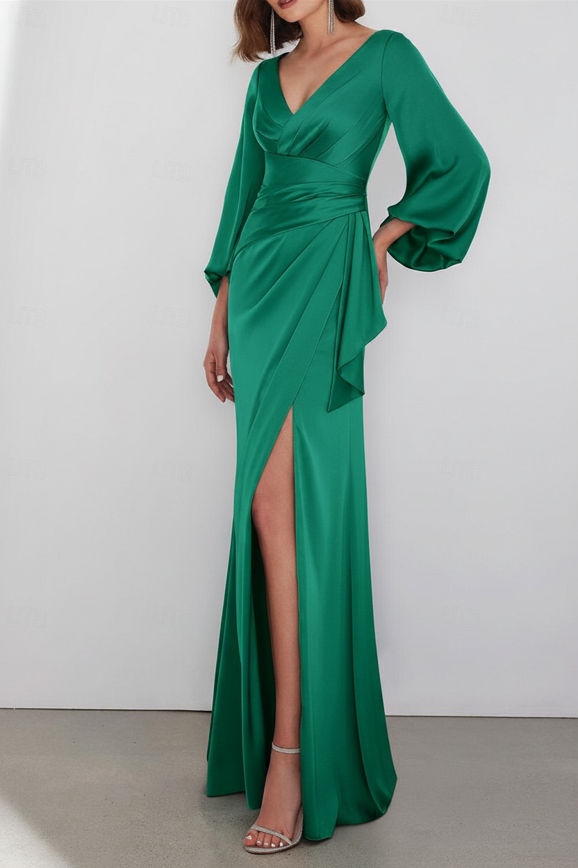 A-Line Floor Length Long Sleeve V Neck Wedding Guest Dresses Tie Charmeuse with Ruched