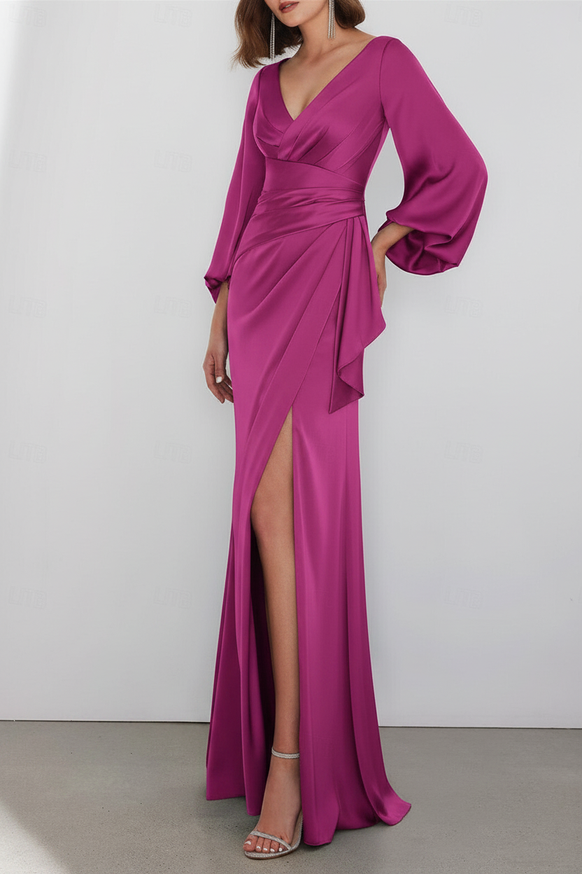 A-Line Floor Length Long Sleeve V Neck Wedding Guest Dresses Tie Charmeuse with Ruched