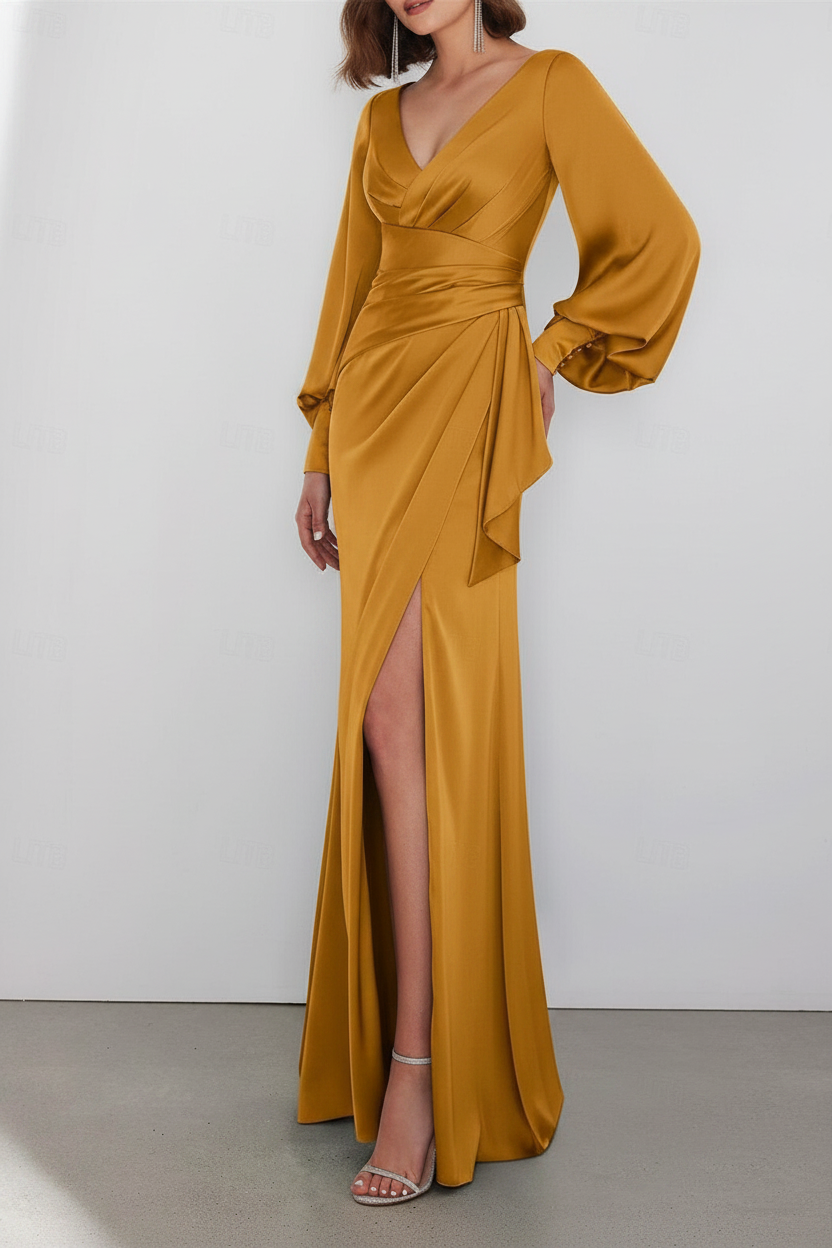 A-Line Floor Length Long Sleeve V Neck Wedding Guest Dresses Tie Charmeuse with Ruched