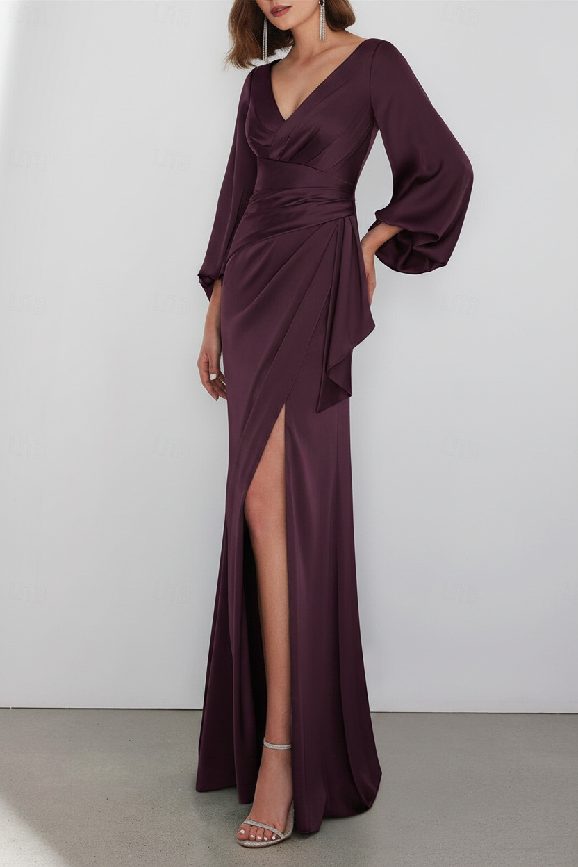 A-Line Floor Length Long Sleeve V Neck Wedding Guest Dresses Tie Charmeuse with Ruched