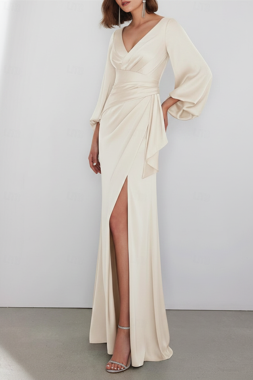 A-Line Floor Length Long Sleeve V Neck Wedding Guest Dresses Tie Charmeuse with Ruched