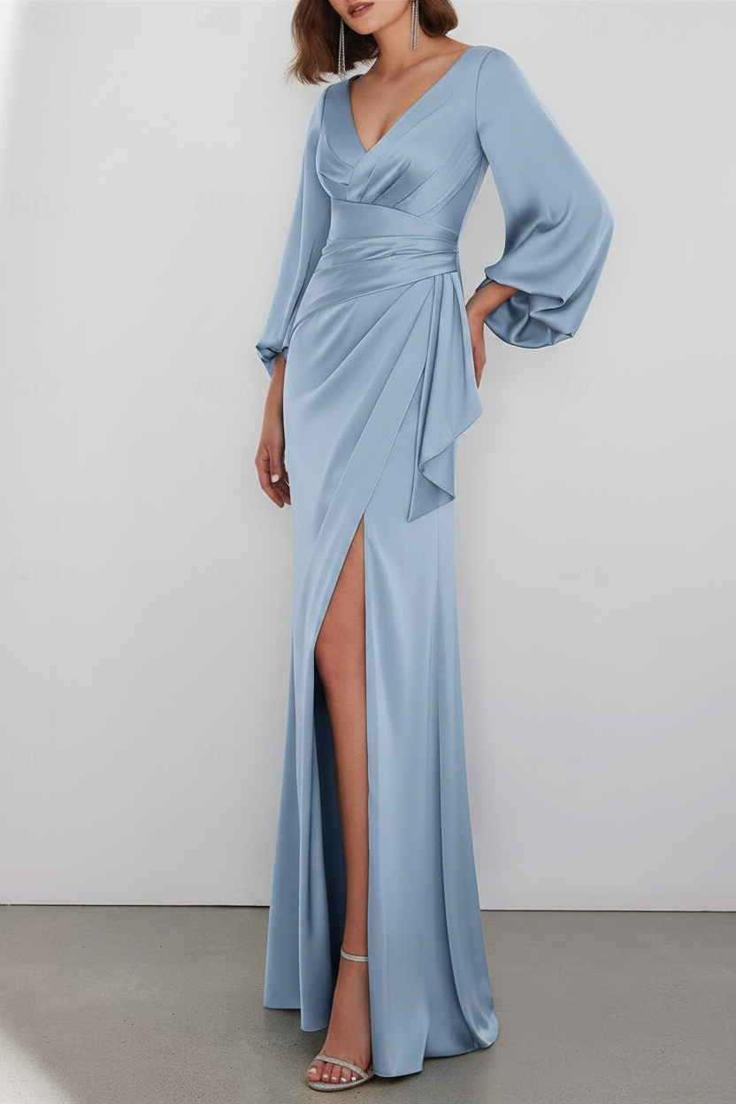 A-Line Floor Length Long Sleeve V Neck Wedding Guest Dresses Tie Charmeuse with Ruched