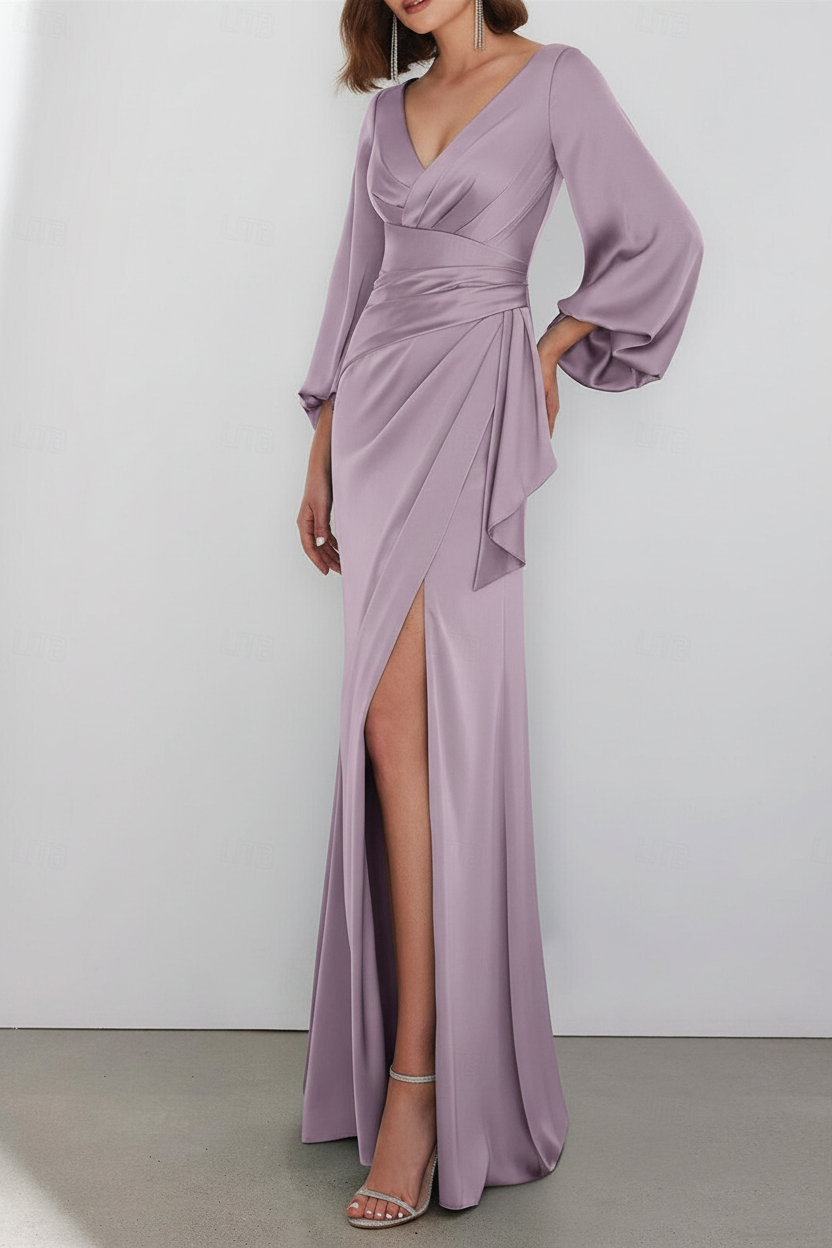 A-Line Floor Length Long Sleeve V Neck Wedding Guest Dresses Tie Charmeuse with Ruched