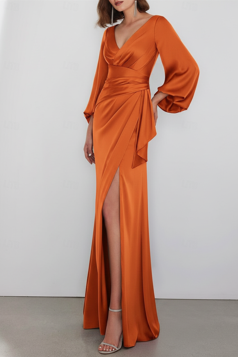 A-Line Floor Length Long Sleeve V Neck Wedding Guest Dresses Tie Charmeuse with Ruched