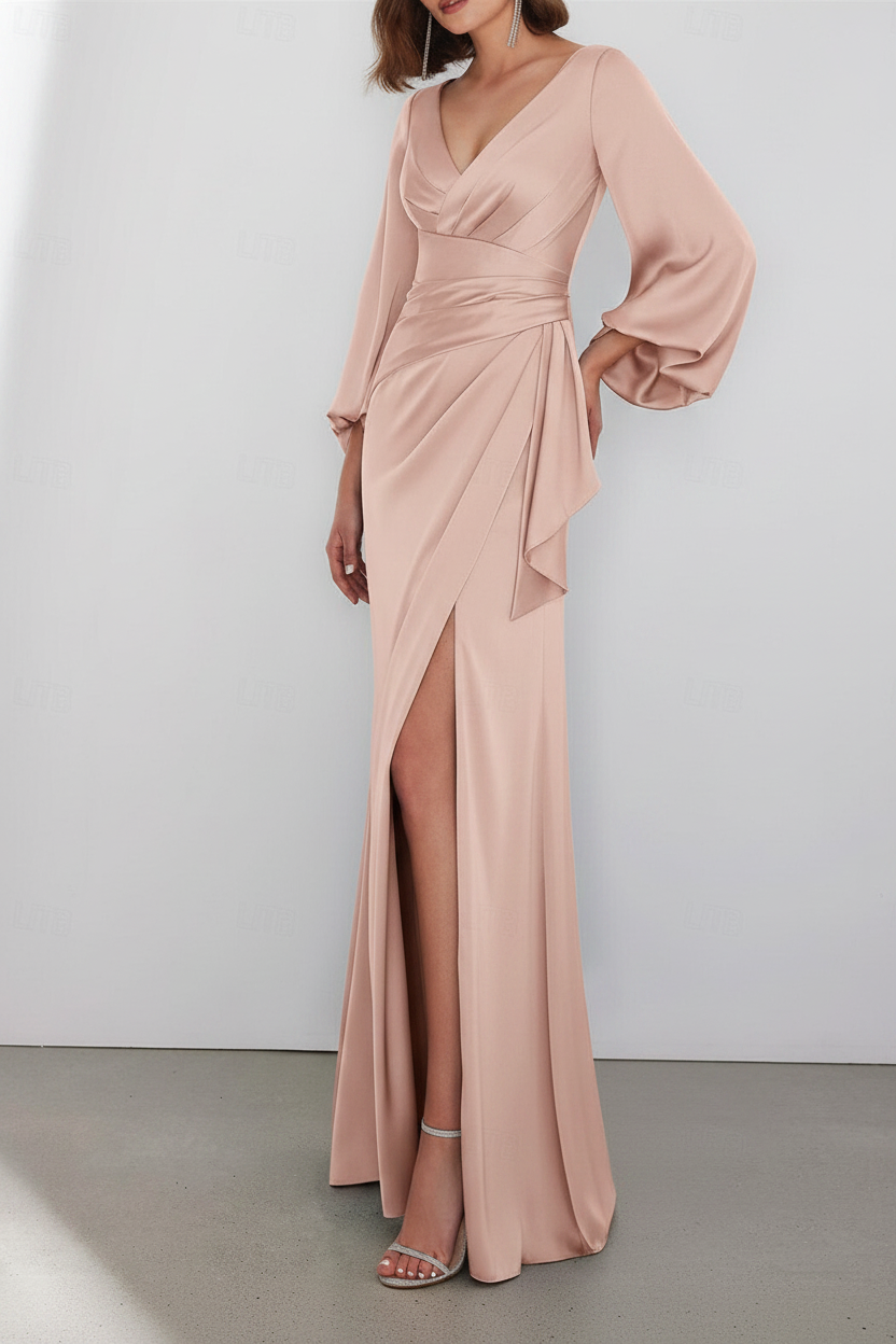 A-Line Floor Length Long Sleeve V Neck Wedding Guest Dresses Tie Charmeuse with Ruched