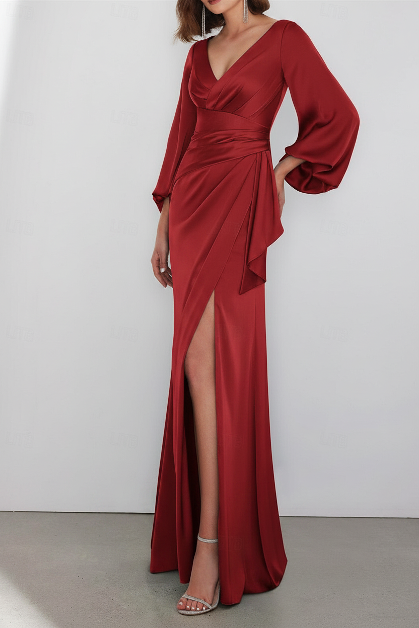 A-Line Floor Length Long Sleeve V Neck Wedding Guest Dresses Tie Charmeuse with Ruched