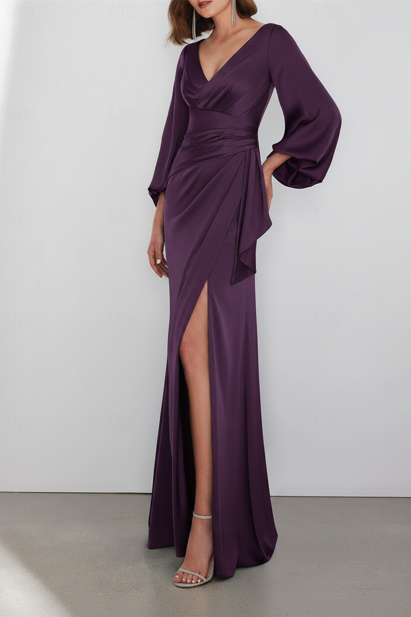 A-Line Floor Length Long Sleeve V Neck Wedding Guest Dresses Tie Charmeuse with Ruched