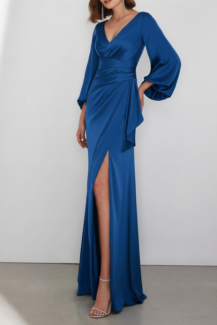 A-Line Floor Length Long Sleeve V Neck Wedding Guest Dresses Tie Charmeuse with Ruched