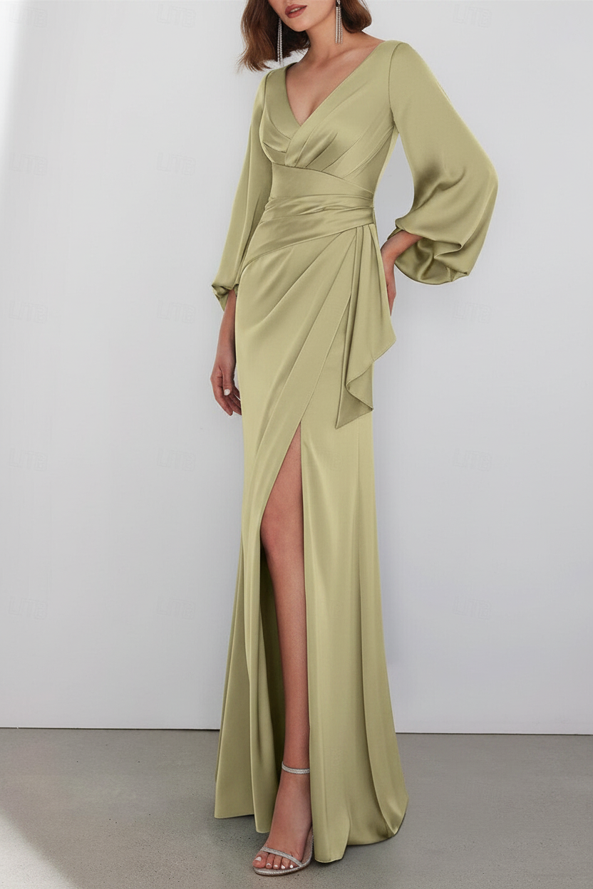 A-Line Floor Length Long Sleeve V Neck Wedding Guest Dresses Tie Charmeuse with Ruched
